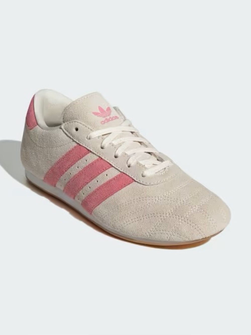 adidas Cream Suede Sneakers with Pink Stripes and Gum Sole